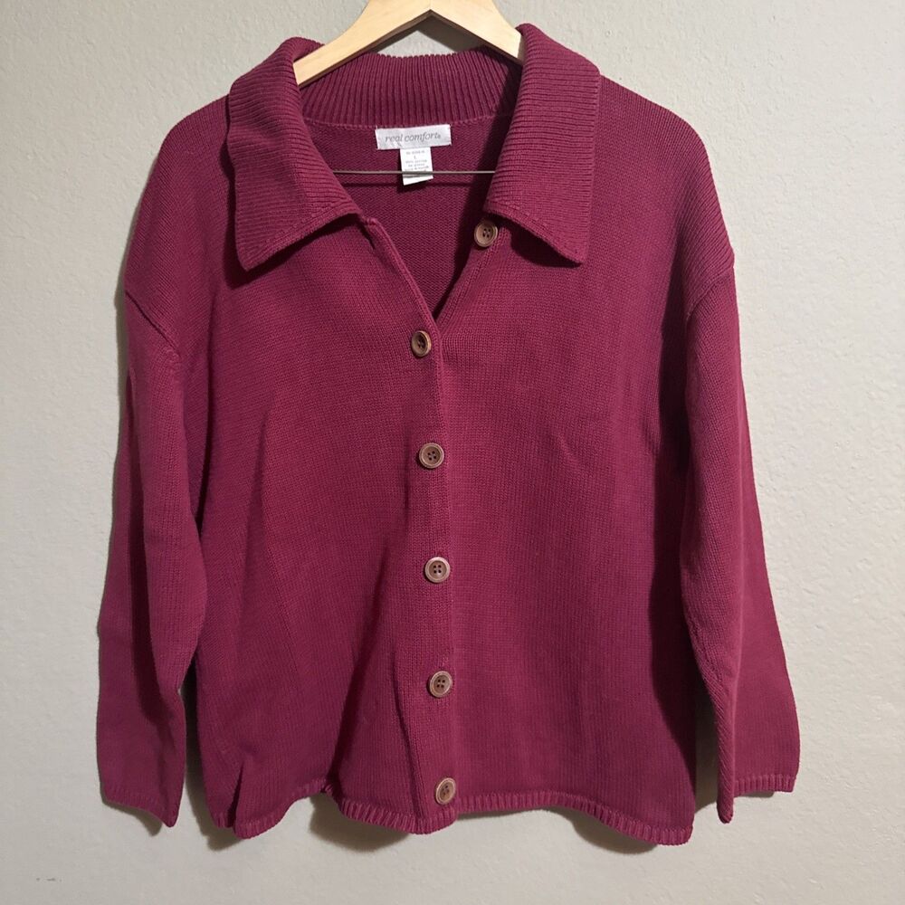 Vtg Real Comfort Burgundy Cardigan Womens Size L